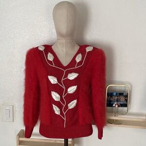 Vintage Red Angora Sweater Balloon Sleeves And Shoulder‎ Pads